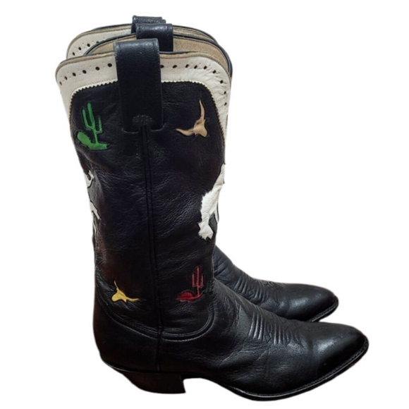 Larry Mahan Vintage Rare Rodeo Black White Red Cowgirl Cowboy Western Boots 7 B - Picture 3 of 16